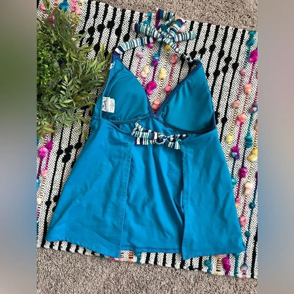 Lucky Brand Solid Turquoise Stripe Fringe Boho Accents Halter Tankini Swim Top S